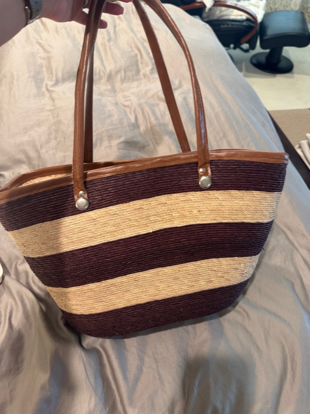 Striped Woven Tote Bag in Brown and Cream